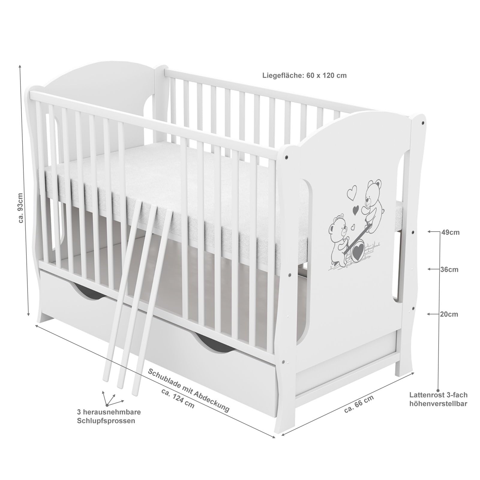 Babybett 60x120 weiß Kinderbett umbaubar zum Juniorbett Schublade Matratze Teddy Wippe Motiv