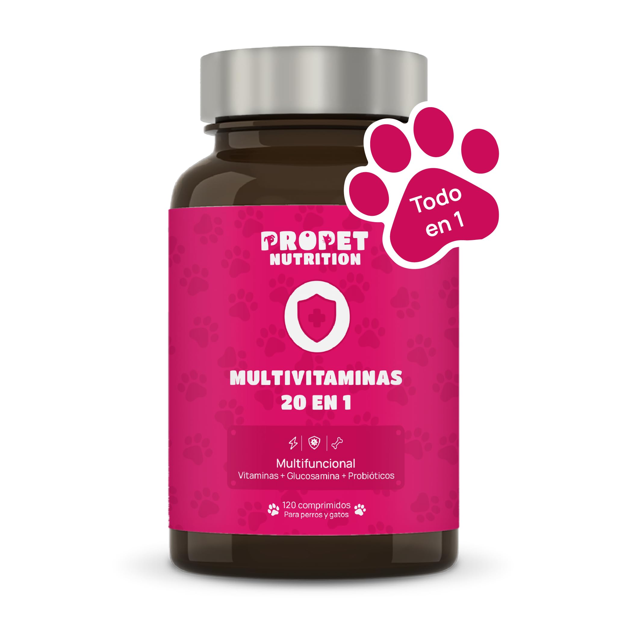 Vitaminas para Perros y Gatos + Probioticos + Glucosamina + Condroitina (20 en 1). Mejora Pelaje, Sistema Inmune y Articulaciones. Vit A, B, C, E, H, Omega 6, Biotina. Alta Concentración. 120 Dosis