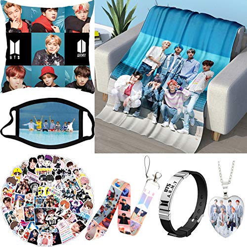 Flannel Blanket Gift Set, Including Flannel Blanket 40 x 60 inch, 50 Sheet Stickers, Pillowcase 18 x 18 inch, Face Cover, Bracelet, Lanyard and Necklace, Best Gifts Set for Fans