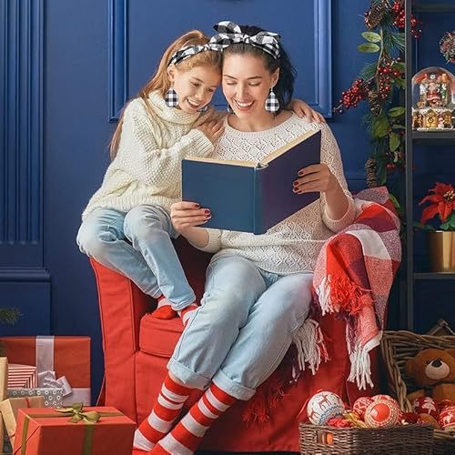 Tenghong2021 2 Pieces Retro Christmas Plaid Bow Headbands Leather Earrings Set Rabbit Ear Hair Tie Headwrap Xmas Plaid Faux Leather Earring Vintage Print Plaid Teardrop Dangle Earrings - Black #TOP2