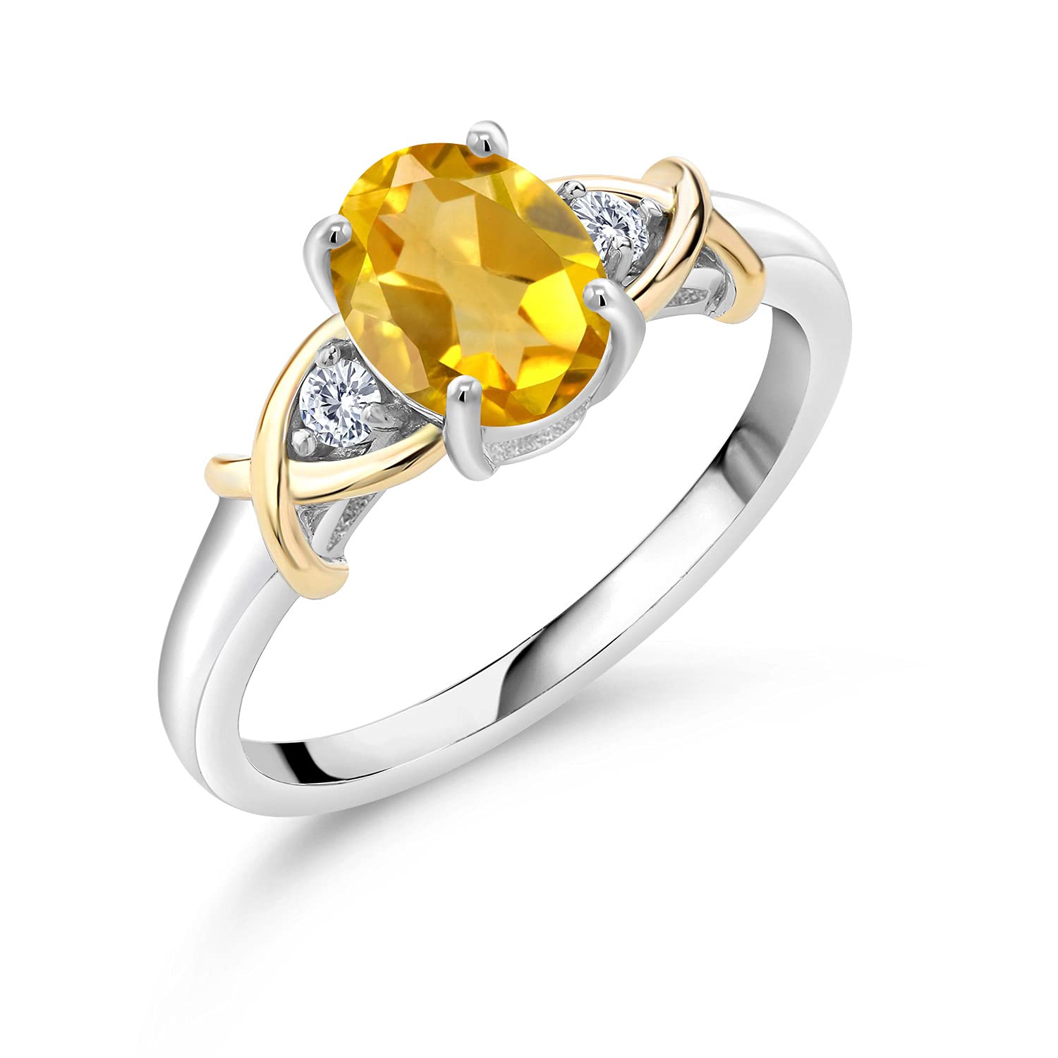 Gem Stone King 3-Stone Engagement Ring for Women | 10K Yellow Gold and 925 Silver | Gemstone Birthstone and Lab Grown Diamond Crossover Wedding