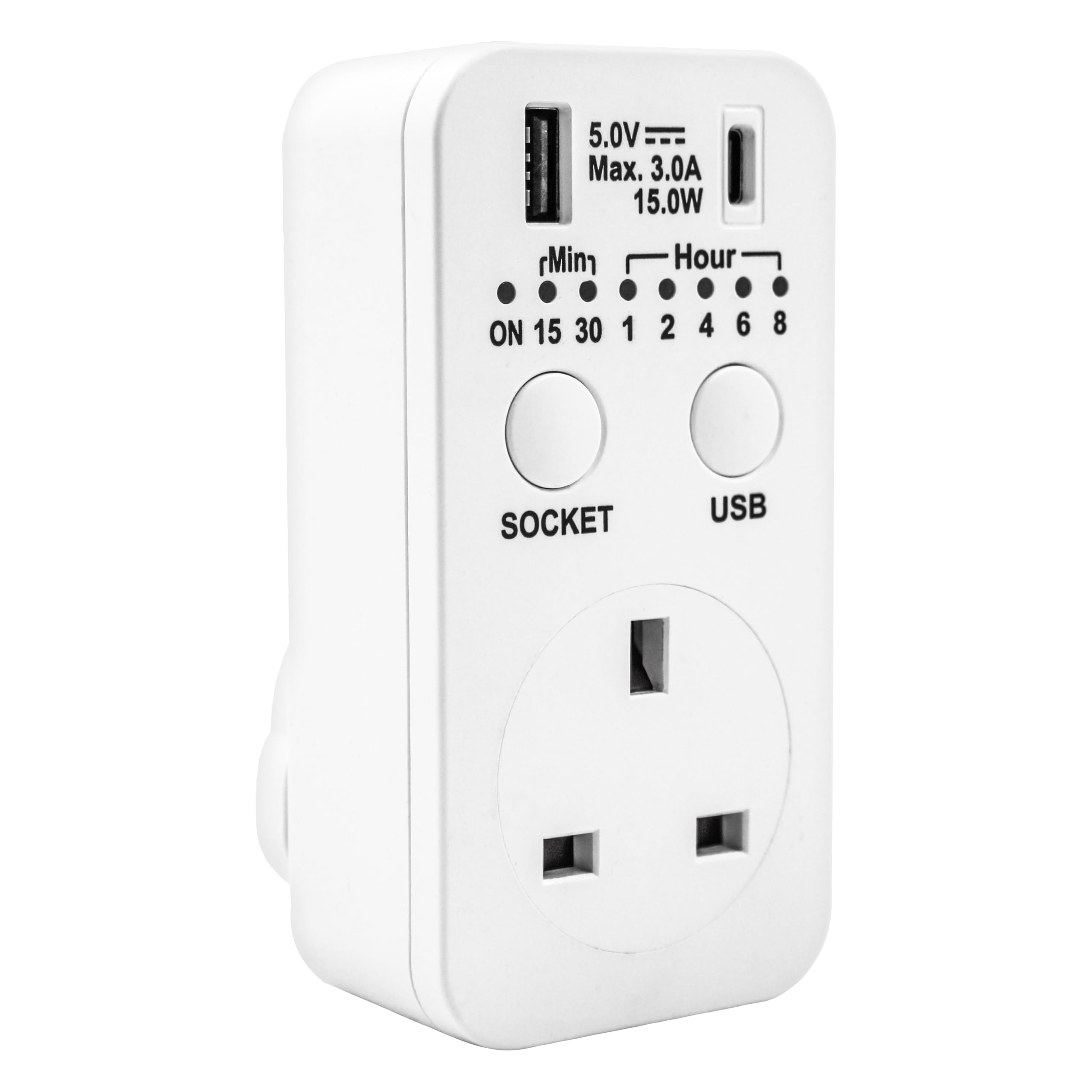Uni-Com Countdown Plug-in Timer, UK 3 Pin Plug, USB-A & USB-C Sockets, Energy Saving