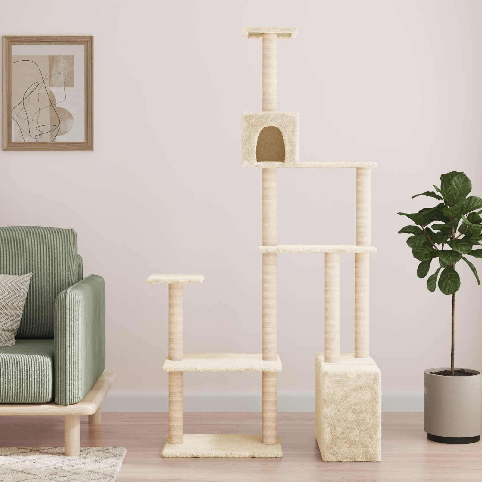 Kratzbaum Gross mit Sisal-Kratzsäulen & Katzenhöhle, XL Kletterbaum 177,5 cm hoch, Stabiler Deckenspanner-Alternative für Wohnung, cremefarben