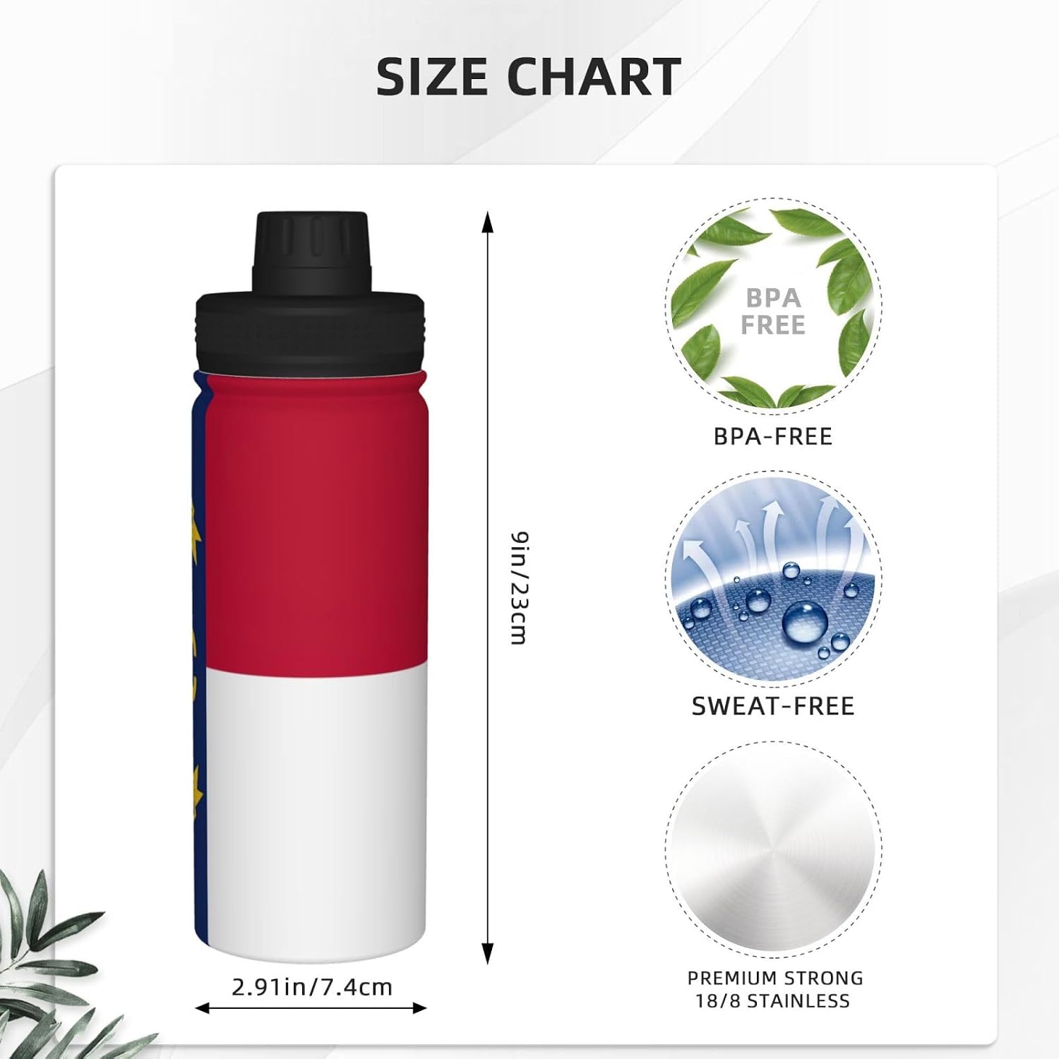 North Carolina state flag Printed Vacuum Insulated Water Bottle, 18OZ Stainless Steel Kettle, Single-Hand Operation Lid