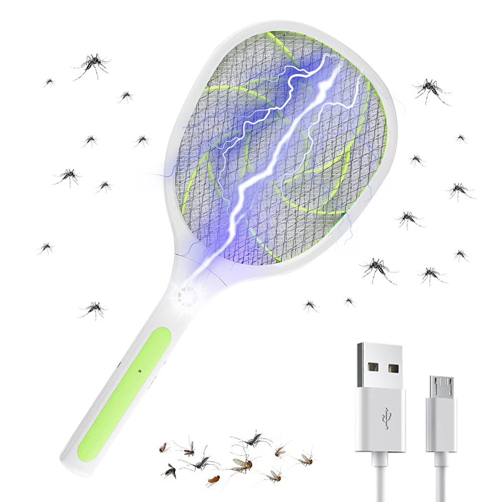 Trongle Electric Fly Swatter, USB Rechargeable Mosquito Zapper Fly Kille with 3 Layer Safety Meshr, Fly Zapper Bug with LED Light for Home, Indoor and Outdoor, Green