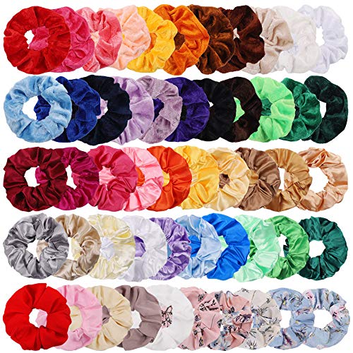 Keopel 52Pcs Hair Scrunchies, Velvet, Chiffon, Satin Elastic Scrunchies for Hair, Hair Elastics and Ties, Hair Accessories for Women, 22 Vintage Velvet, 20 Solid Colors Satin and 10 Chiffon