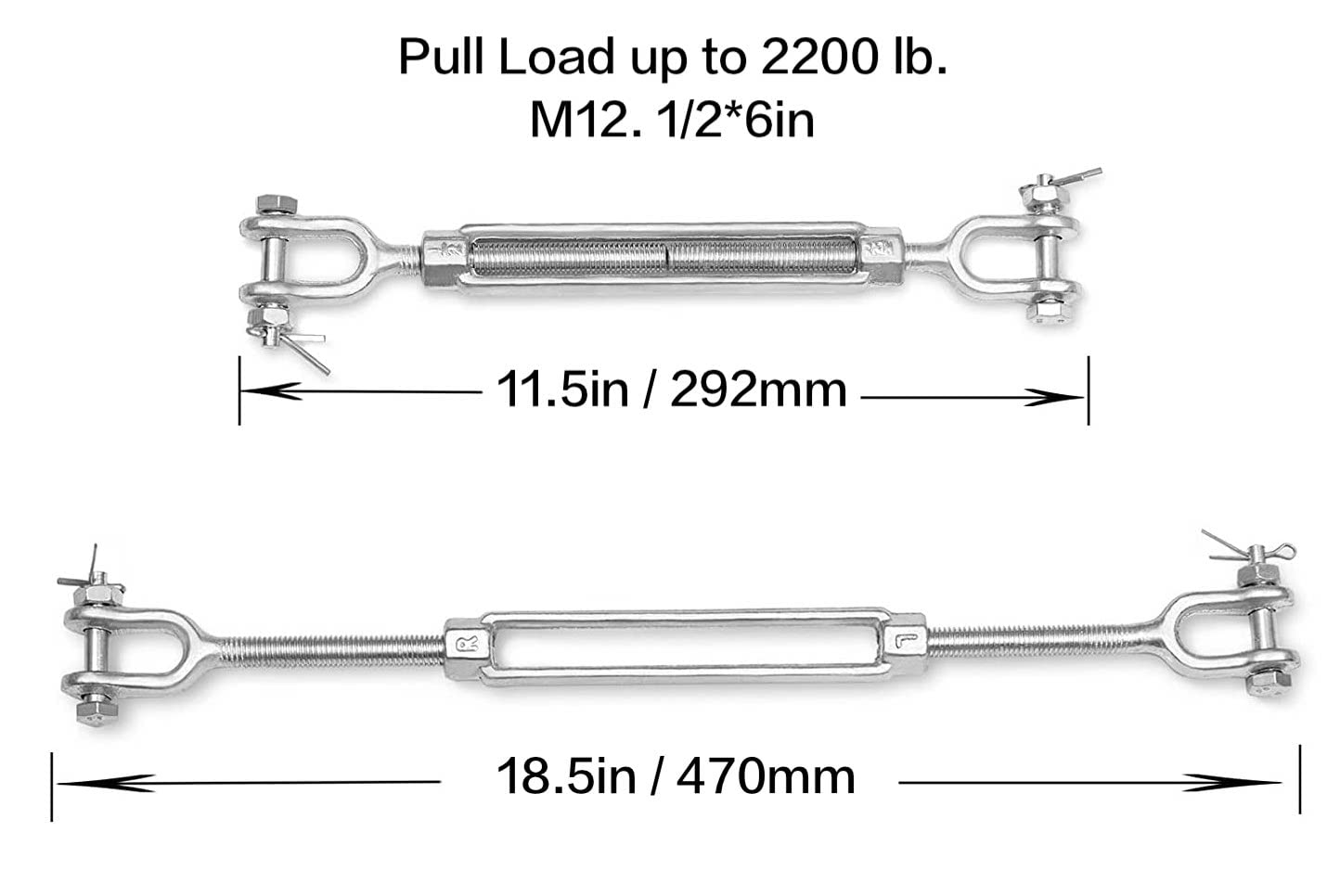 piezas de tensores para cables de alambre, gancho de tensor, tensor de mandíbula y mandíbula de acero galvanizado M12 de 1/2" x 6", tensor de servicio pesado de 2200 libras para aplicaciones de trac