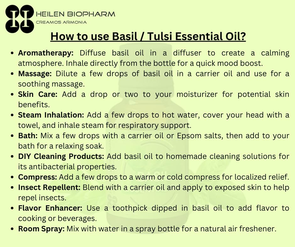 Image of Heilen Biopharm Food Grade Edible Tulsi (Holy Basil) Essential Oil - 15 mL Bottle Pack of 1,For Hair, Skin, Body Massage & Aromatherapy