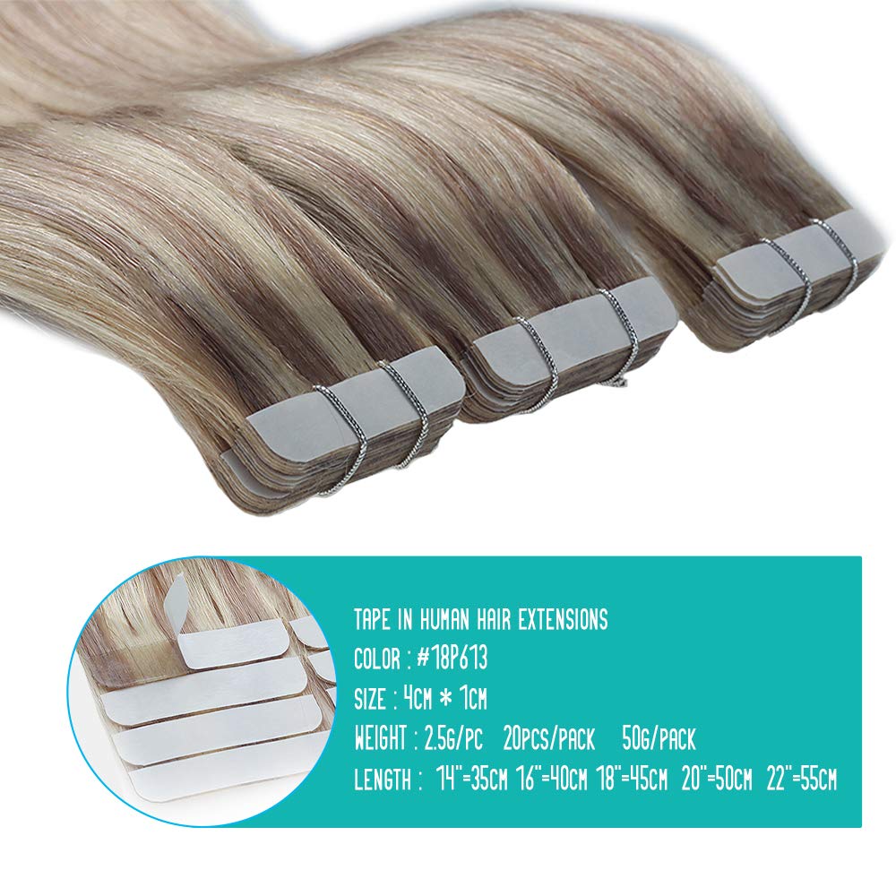 SURNEL Tape Hair Extensions Blonde Tape in Human Hair Extensions Seamless Straight Real 18 Ash Blonde with 613 Platinum Blonde Real Human 14 Inch 20 Pieces/50g (T14inch - Image 3