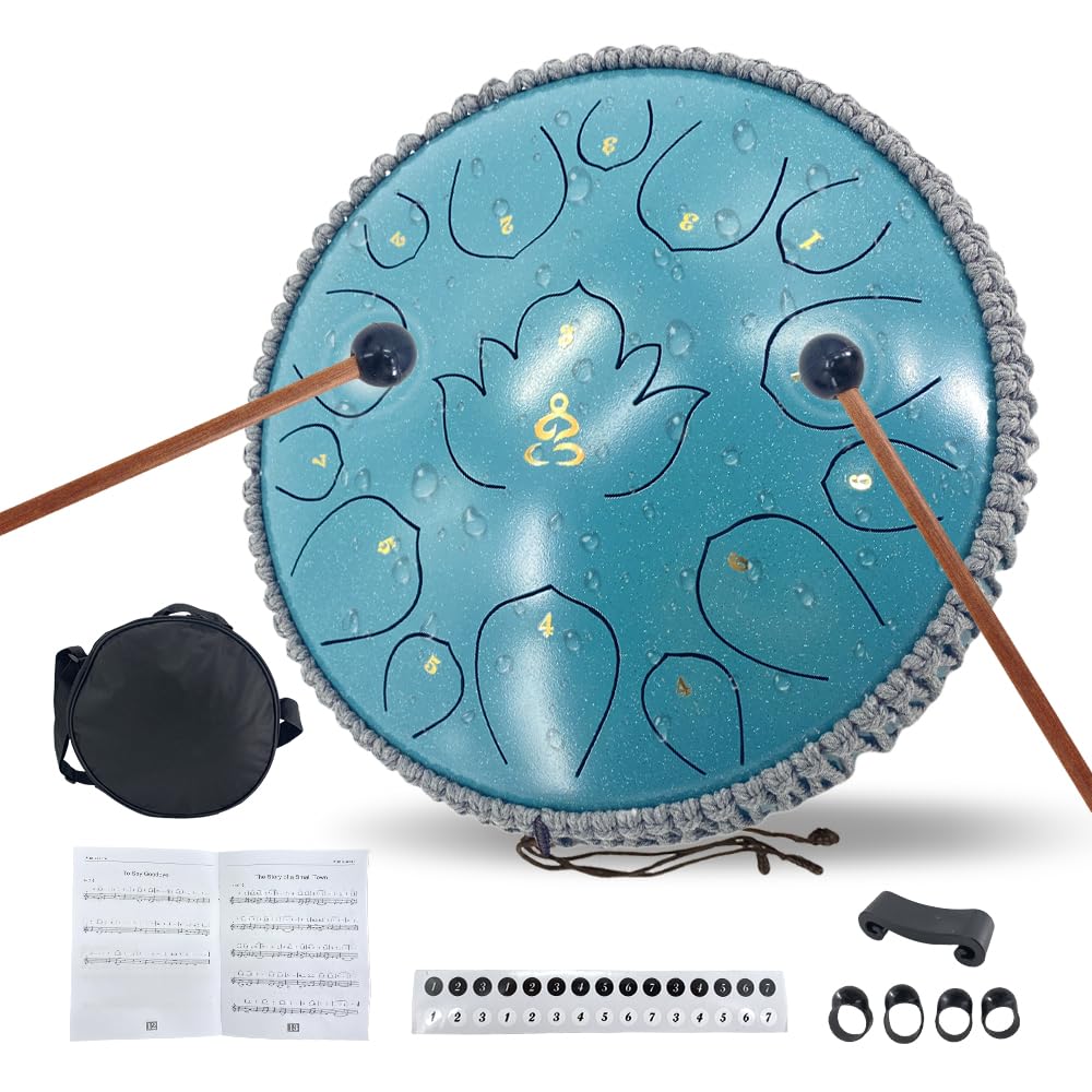 WUQIMUSC Rain Drum for Outside, 13 Inch 15 Note Steel Tongue Drum | Outdoor C Major Garden Rain Chime with Mallets, Carry Bag and Music Book for Meditation and Gifts