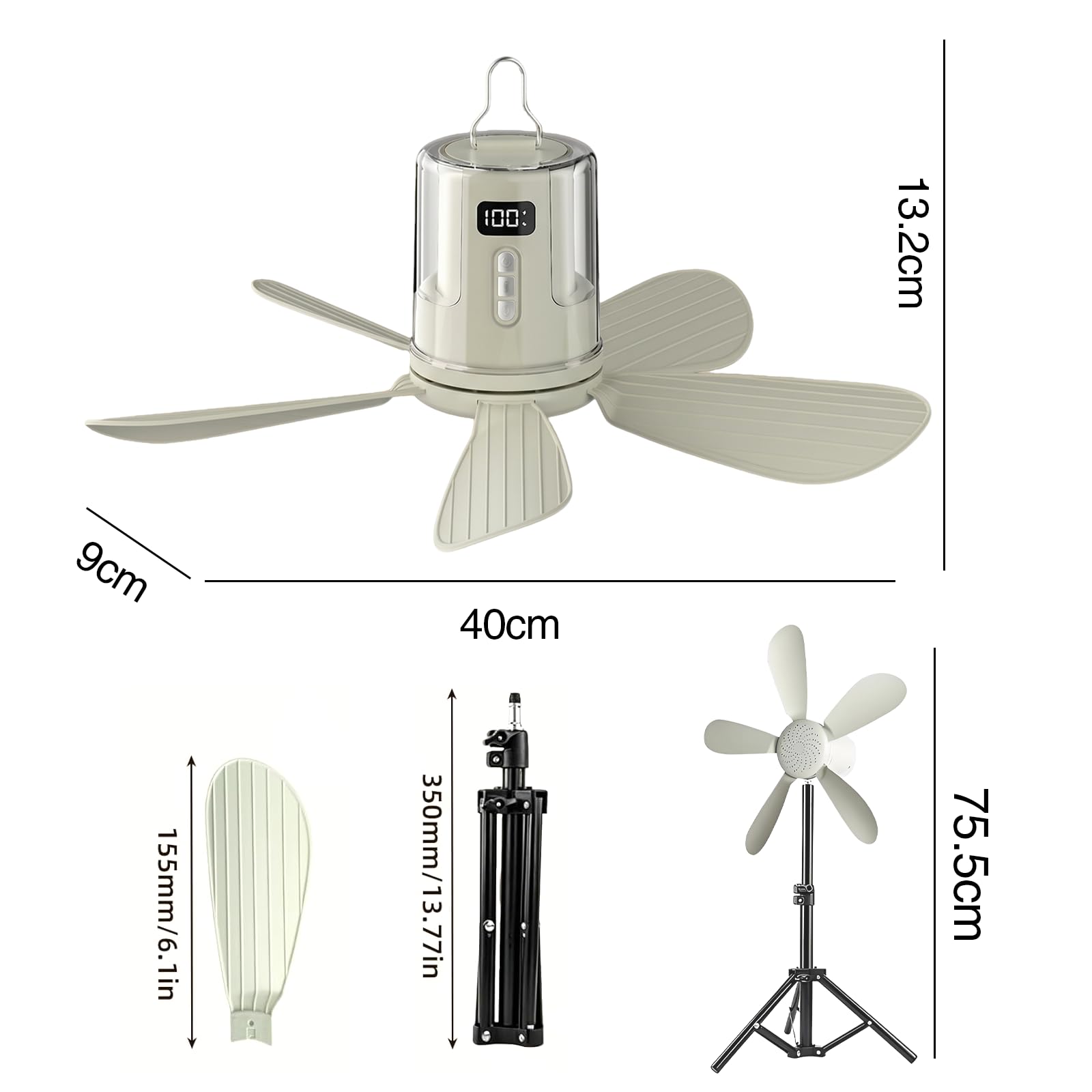 Deckenventilator Akku mit Beleuchtung Camping, 10800mAh Innen und Außen Camping Ventilator Akku mit Halterung Aufhänger, Mobiler Ventilator Akku für Outdoor Außenbereich, Pavillon Terrasse (white)