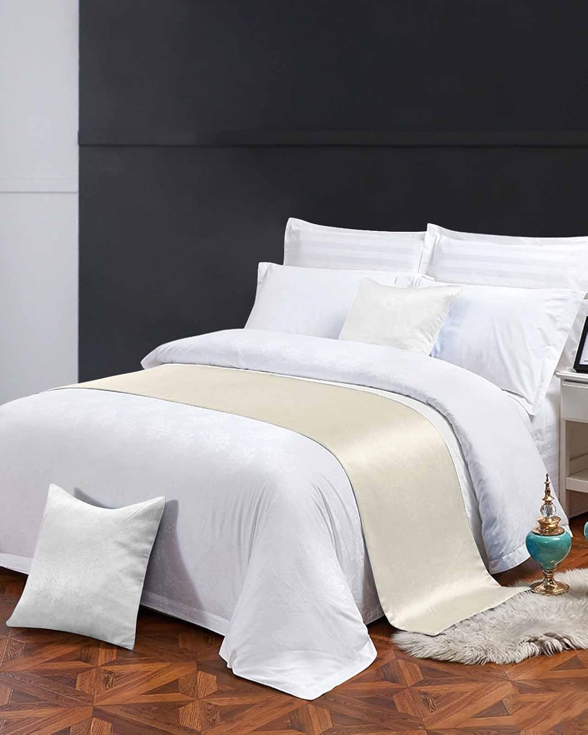 Cream Bed Runner Scarf Bedding Accessory For Full Size Bed, Soft Bed Scarves And Runners Stainproof Dustproof Bedroom Protector For Hotel Wedding Room, Modern Abstract Minimalist Soild Color 83"x20"