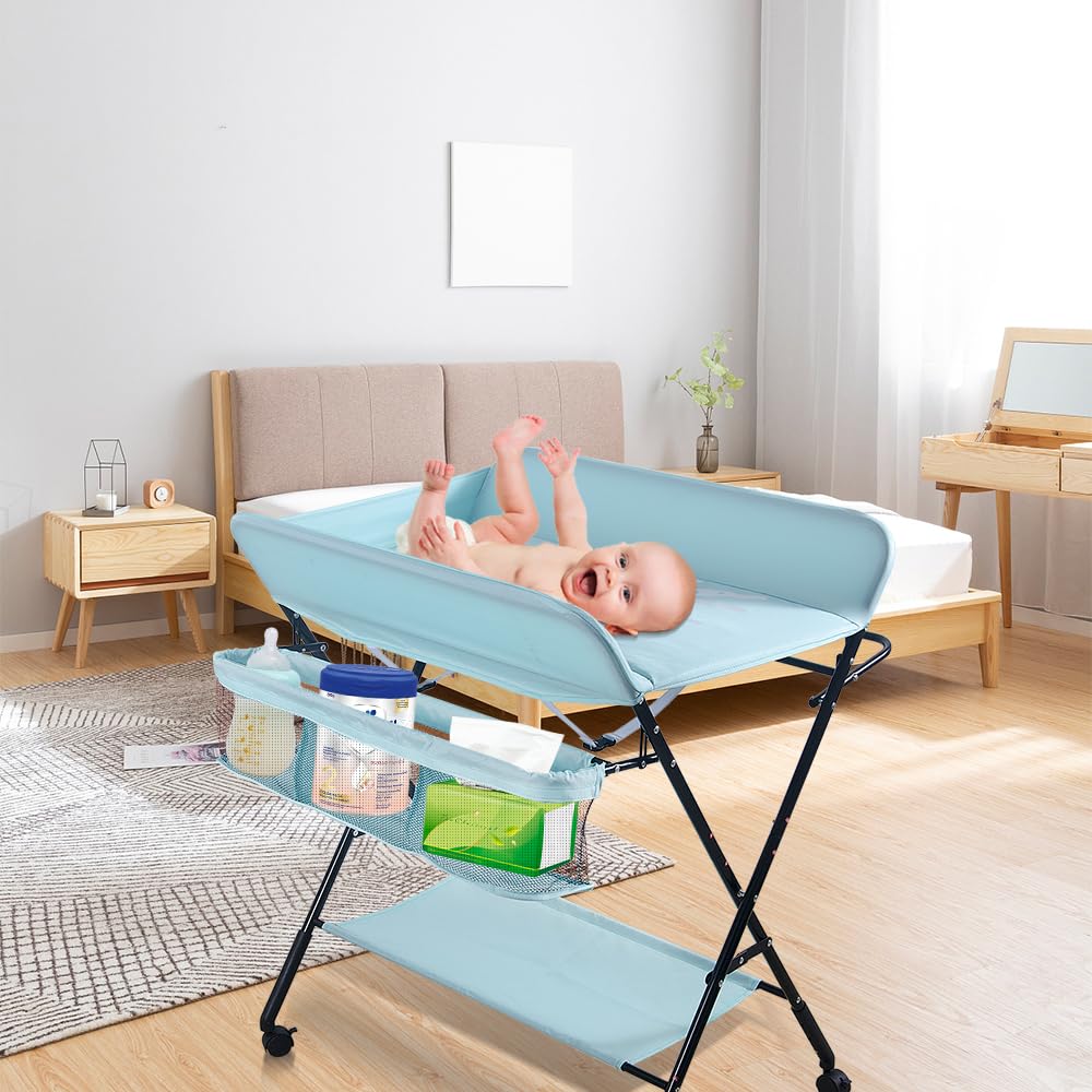 Cambiador de bebé plegable, cambiador móvil con cambiador, cinturón de seguridad y compartimentos, ahorra espacio y estable, 80 x 66 x 98 cm (azul cielo)
