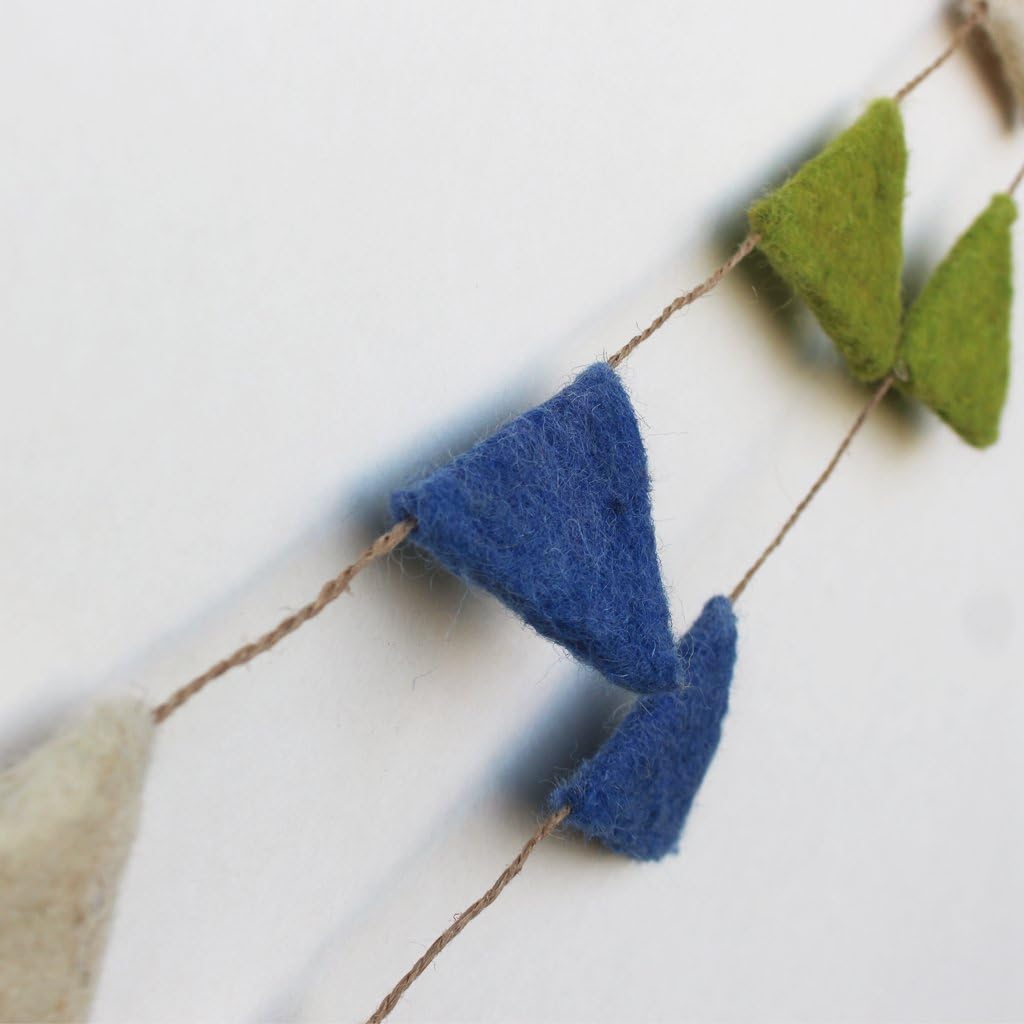 De Kulture Handmade Premium Wool Felt Triangle Garland Eco Friendly Christmas Tree Ornament Home Office Wedding Party Holiday Decoration Banner | 48 Inches Long, Green Indigo & Off White (Set of 2)