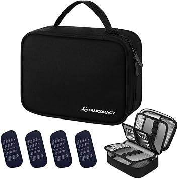 Glucoracy Large Insulin Cooler Travel Case,Medication Cooler Bag with 4 * 160g Reusable Ice Packs for Insulin Pens and Diabetic Supplies, Diabetic Care Kits Organizer with Handle Design, Black