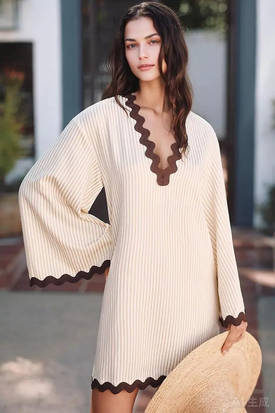 VAOYIU Women's Boho Striped V-Neck Dress Flowy Bell Sleeves Cover Up with Wavy Trim Beach Resort Kaftan Style - Image 4