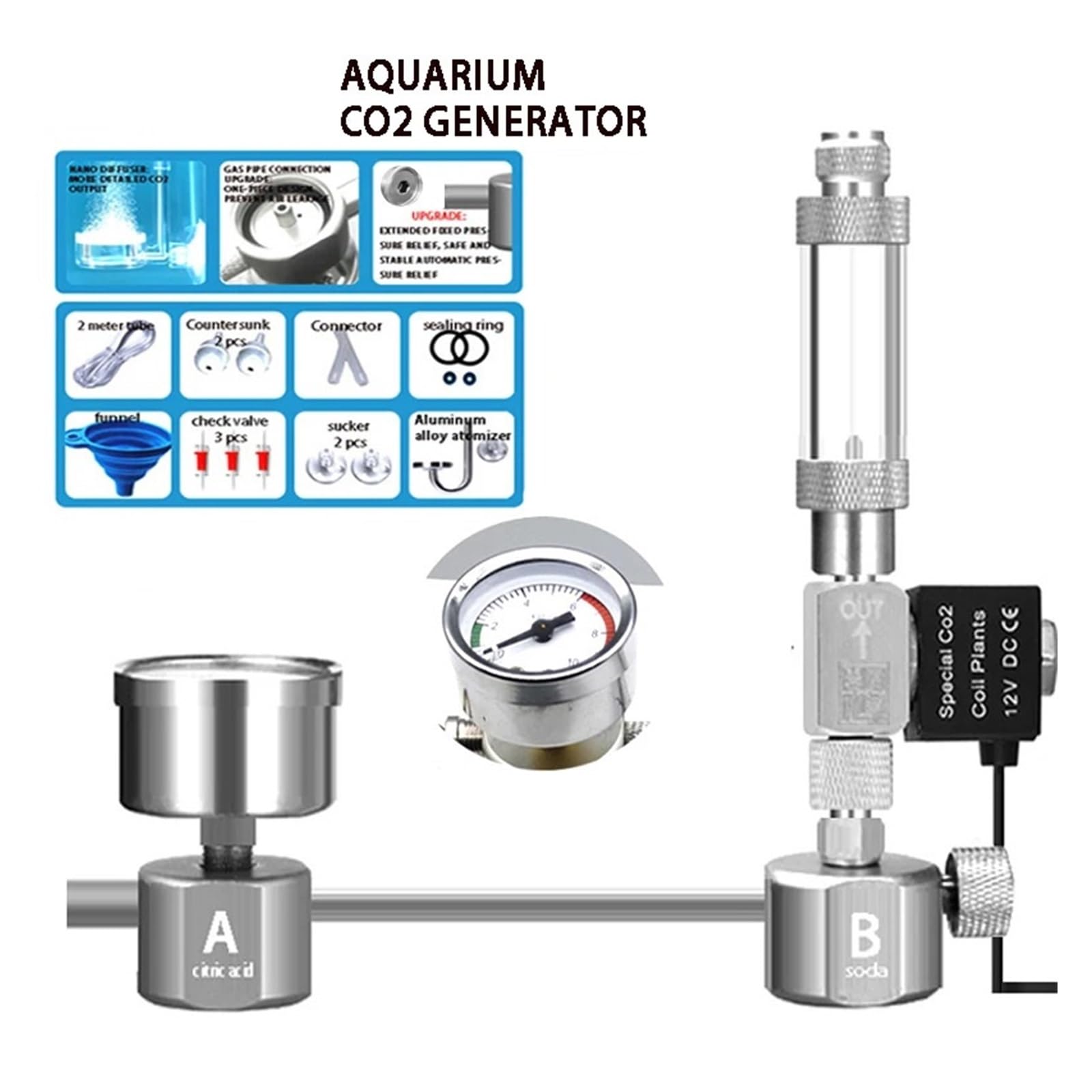 Générateur de CO2 DIY for Aquarium, diffuseur de Compteur de Bulles avec électrovanne, kit de réacteur de dioxyde de Carbone for Le contrôle des Plantes Aquatiques(B)