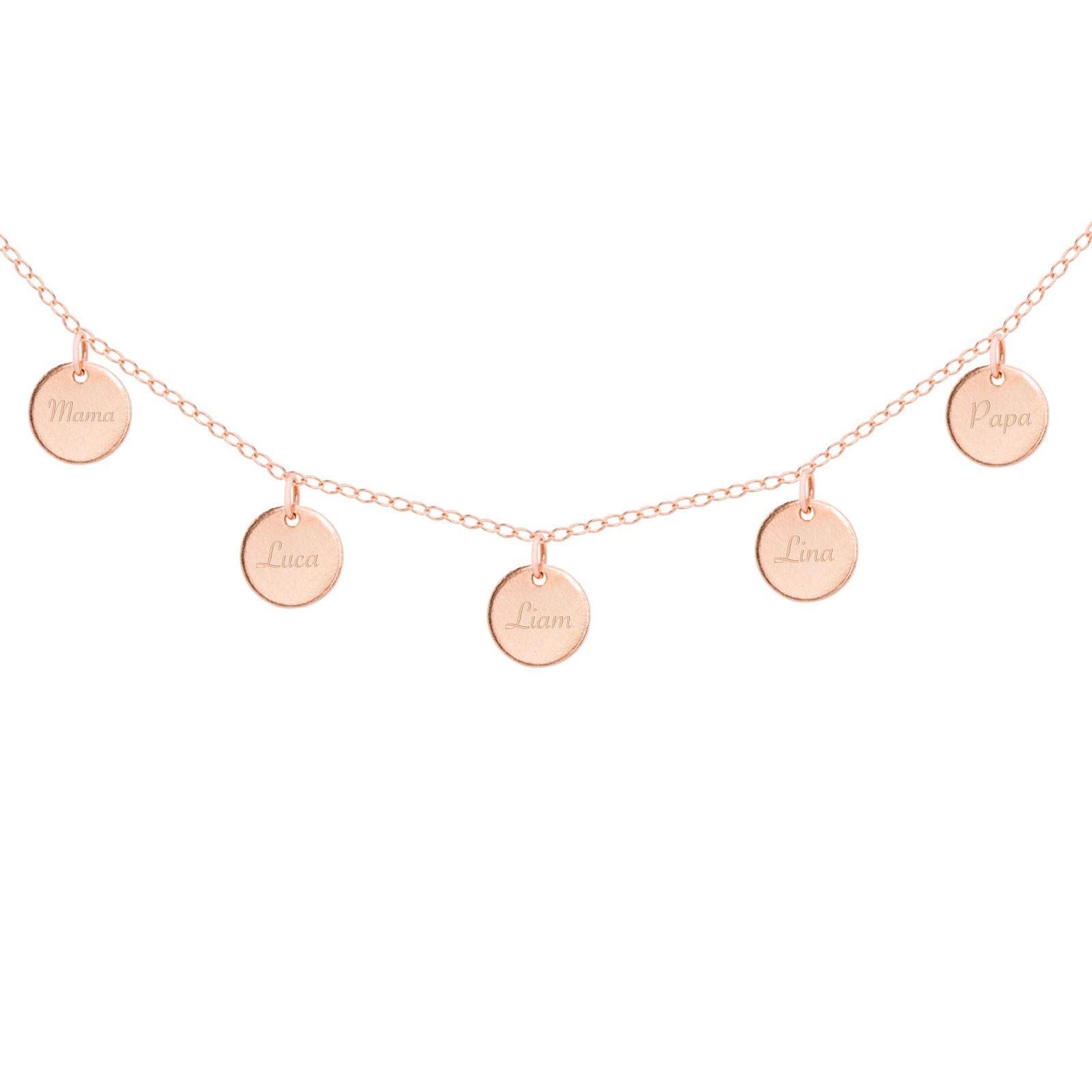 MONA Familienkette mit Gravur – Personalisierte Kette aus Roségold Filled | Platz für bis zu 5 Namen | Schmuck mit Initialen oder Daten | Geschenkidee für Valentinstag, Muttertag, Geburtstag
