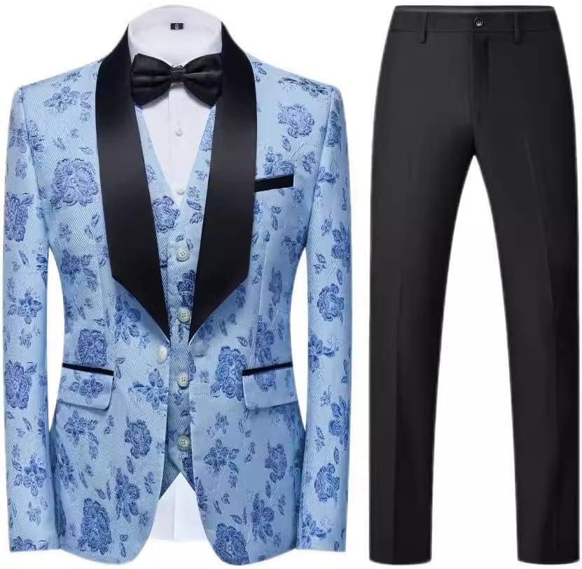 Men's 3 Piece Suit Set Slim Fit Shawl Collar One Button Jacquard Groom Emcee Blazer Vest Pants for Wedding Business