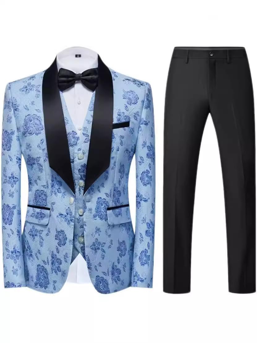 Męski 3-częściowy komplet garnituru Slim Fit z kołnierzem szalowym, żakardowa kamizelka i spodnie na wesele i do biznesu