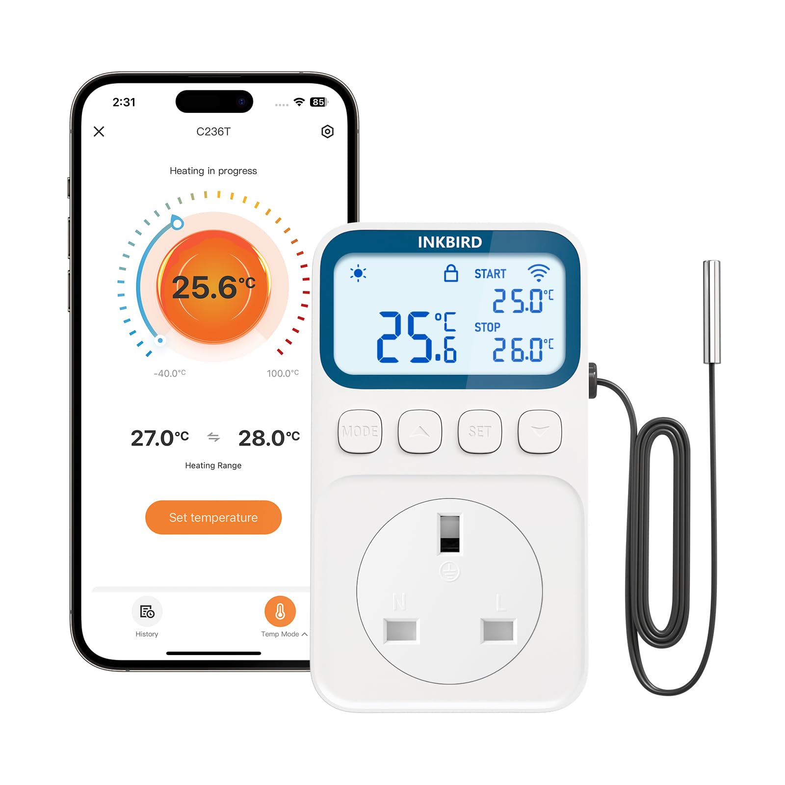 Inkbird C236T Thermostat Plug Socket, WIFI Temperature Controller for Heating and Cooling App Control