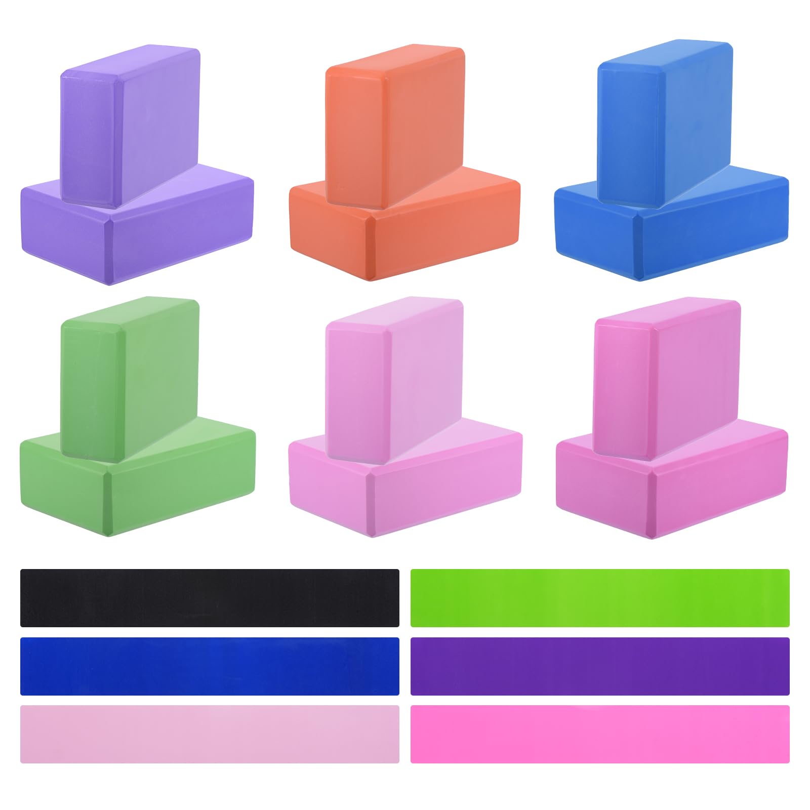 PATIKIL Juego de 12 Bloques de Yoga y 6 Bandas de Resistencia de Espuma de EVA de Alta Densidad 9"x6"x3" Antideslizante y Ligero para Gimnasio Estiramientos Pilates Multicolor