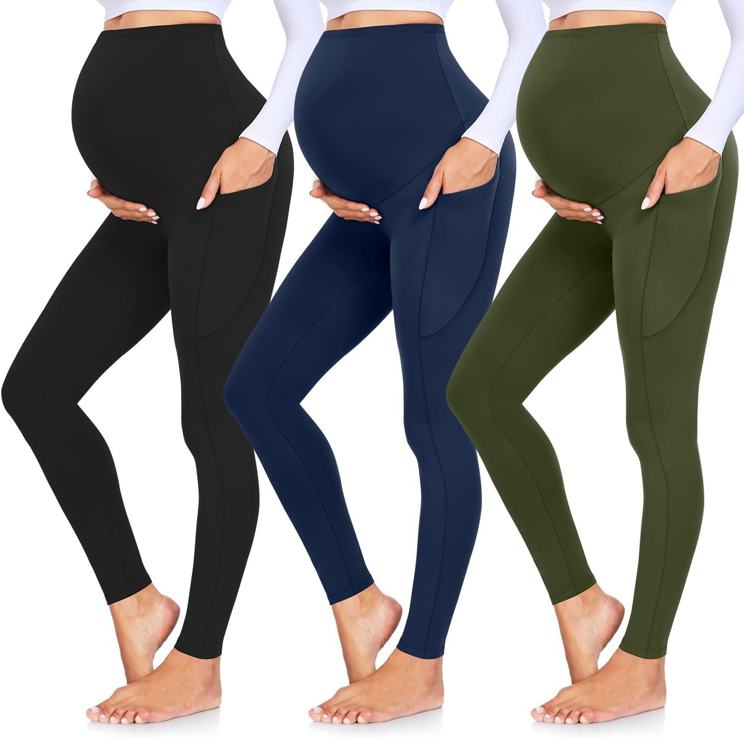 GROTEEN 3 Pack Women's Maternity Leggings with Pockets Over The Belly Workout Yoga Pregnancy Pants