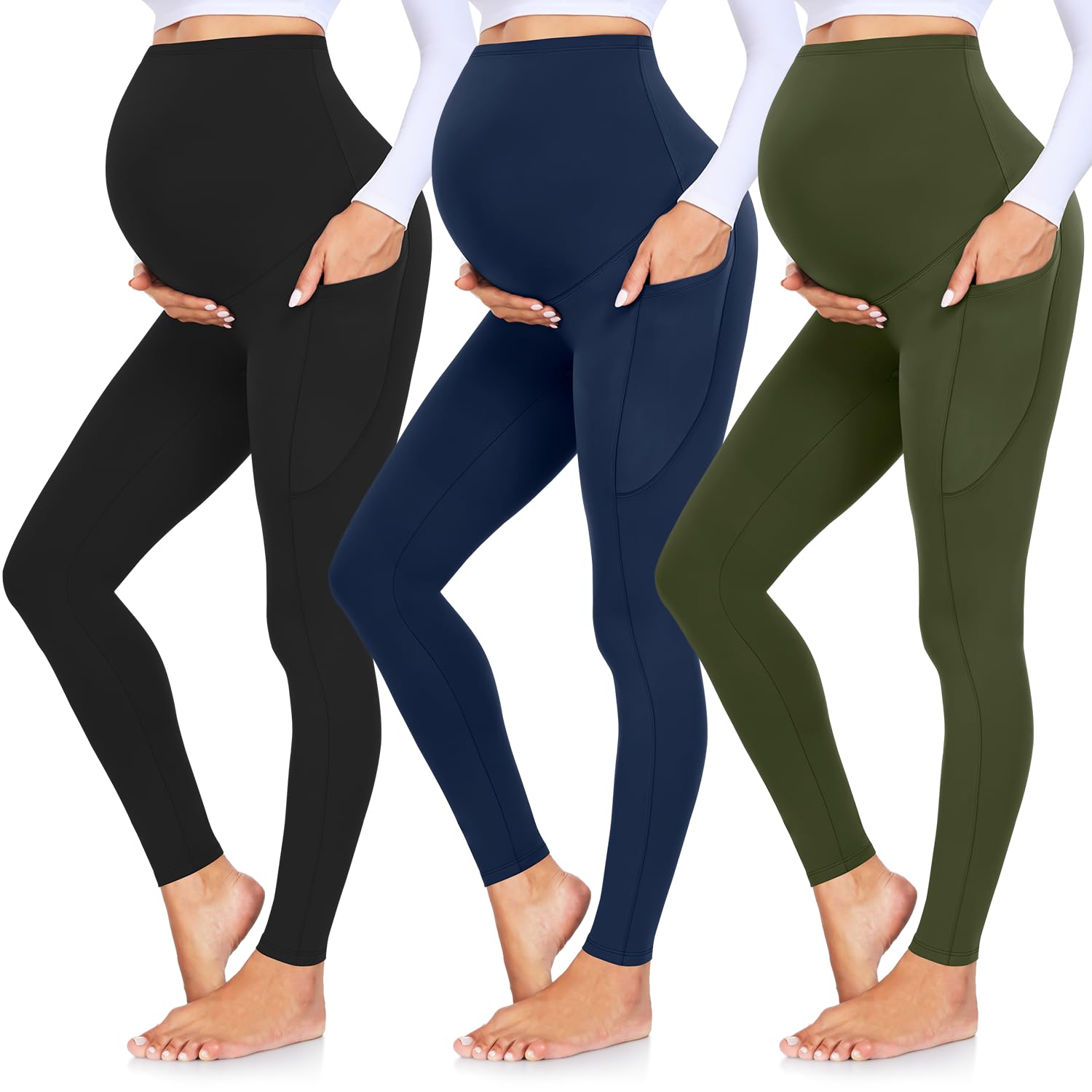 GROTEEN 3 Pack Women's Maternity Leggings Over The Belly with Pockets Super Soft Workout Pregnancy Yoga Pants