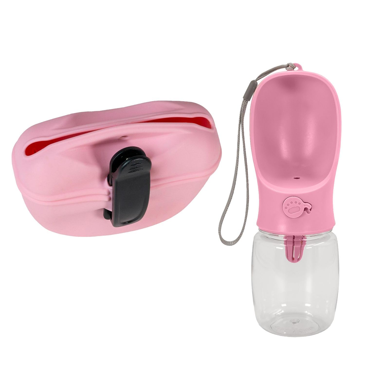 INTIRILIFE Set para Perros Rosa: Bolsa de Silicona para golosinas y Botella de plástico para Beber - Bolsa para Comida Seca con Clip, Agua Potable para adiestramiento de Perros, Paseos y para Llevar