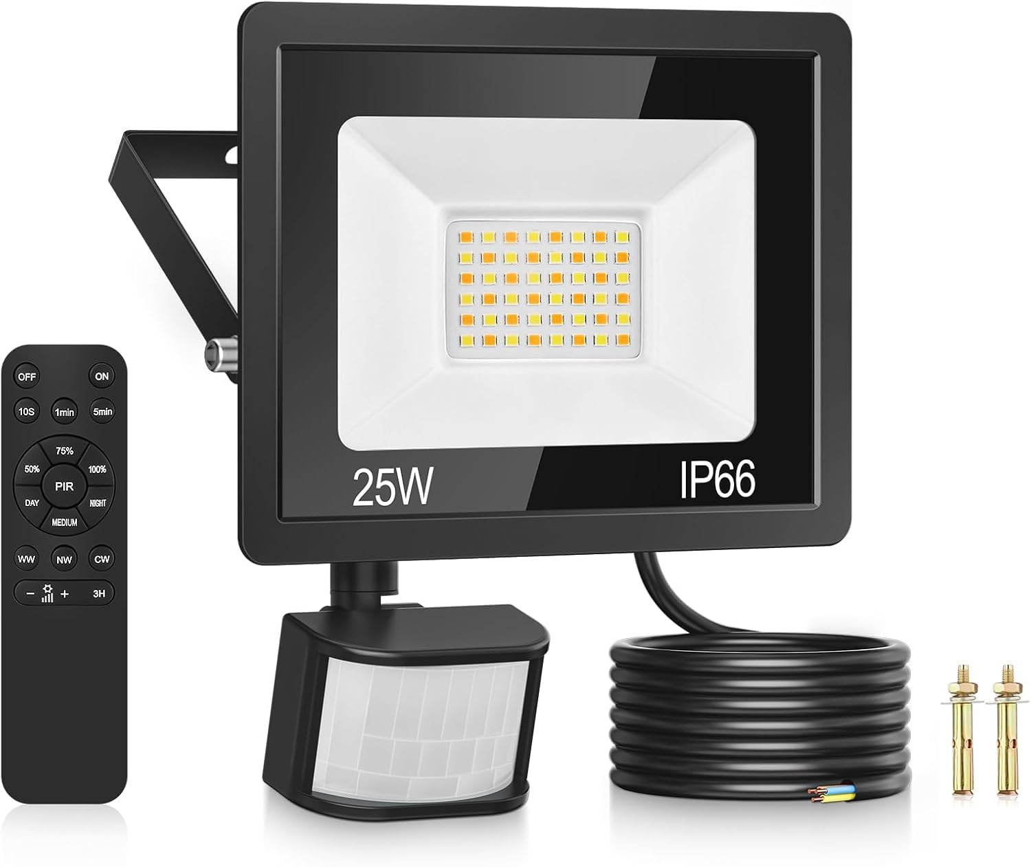 Security Lights Outdoor Motion Sensor, 25W 3 Colours PIR Security Light with Remote Control, 2100LM IP66 Waterproof Outside Lights Dimmable Floodlight Motion Sensor Lights Outdoor for Backyard, Garden