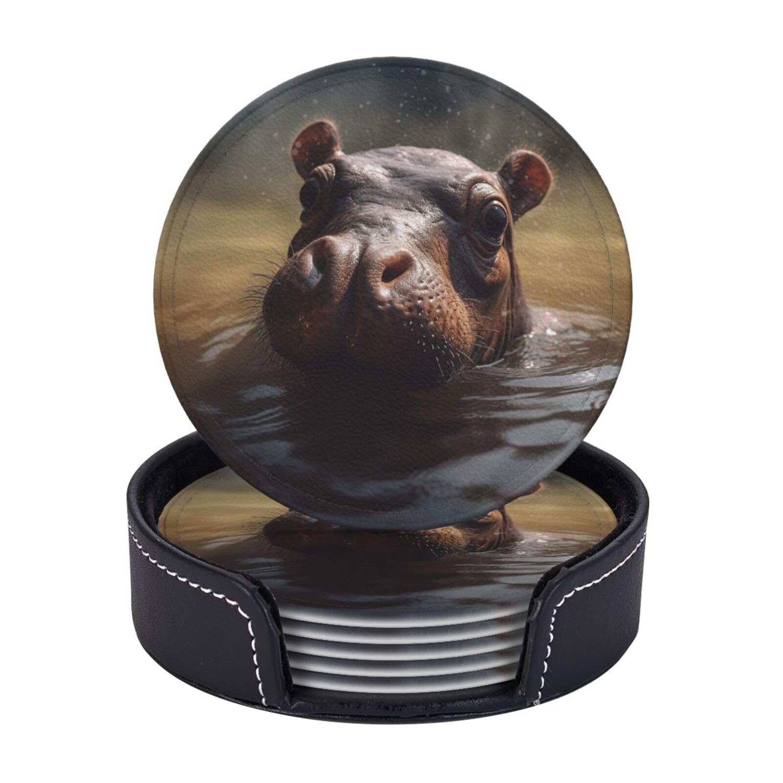 Drink Coasters 6 PCS Round Leather Coaster Little Hippo Swimming Coasters for Drinks Non-Slip Mugs Pads with Holder Personalized Cups Pad Mat for Coffee Table Kitchen 10 CM
