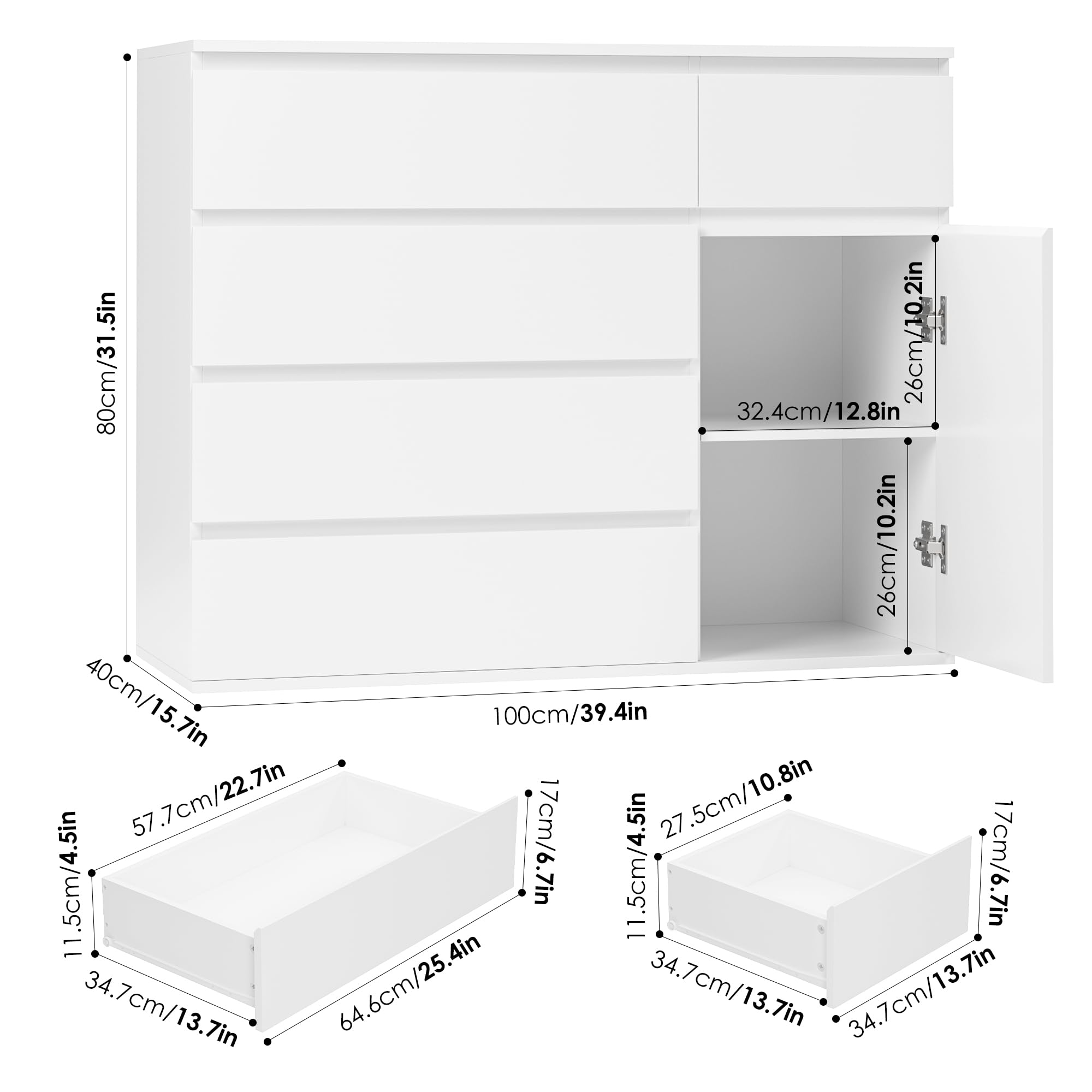 FOREHILL Cómoda Cajonera Dormitorio 5 Cajones y 1 Puerta Blanco 100x40x80cm | Sinfonier Almacenaje para Armario Ropero, Mueble de Almacenaje, Gran Capacidad para Pisos Pequeños Vestidor Recibidor