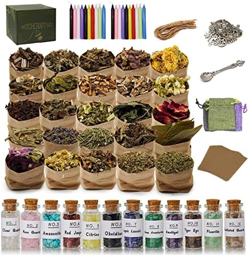Wiccan Gifts Set for Beginners Women Witchy Valentines Gift Crystals for Witchcraft Supplies Box for Spells Candle for Witches Supplies and Tools Kit with 25 Packs of Herbs and 12 Bottles Crystal Set