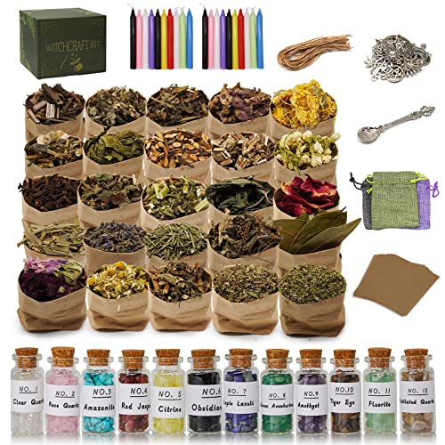 Wiccan Gifts Set For Beginners Women Witchy Valentines Gift Crystals For Witchcraft Supplies Box For Spells Candle For Witches Supplies And Tools Kit With 25 Packs Of Herbs And 12 Bottles Crystal Set #TOP19