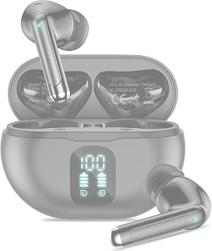 Wireless Earbuds, Bluetooth 5.4 Headphones, 50H Playback Deep Bass Stereo Ear Buds with LED Power Display Charging Case, IPX7 Waterproof Earbuds for Laptop Pad Phones Sports Workout, Gray Gray