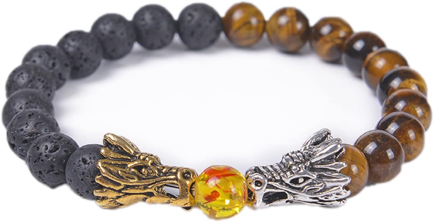GiwotuGiwotu Natural Black Lava Stone & White Howlite Buddha Dragon Beads Elastic Bracelet for Men and Women Chinese Dragon Jewelry Pretty Gifts Birthday Good Luck Spouse Family Reiki Cure Retro Charm