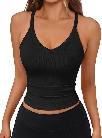 Trendy Queen Womens Racerback Ribbed Tank Tops V Neck Workout Summer Sleeveless Tops
