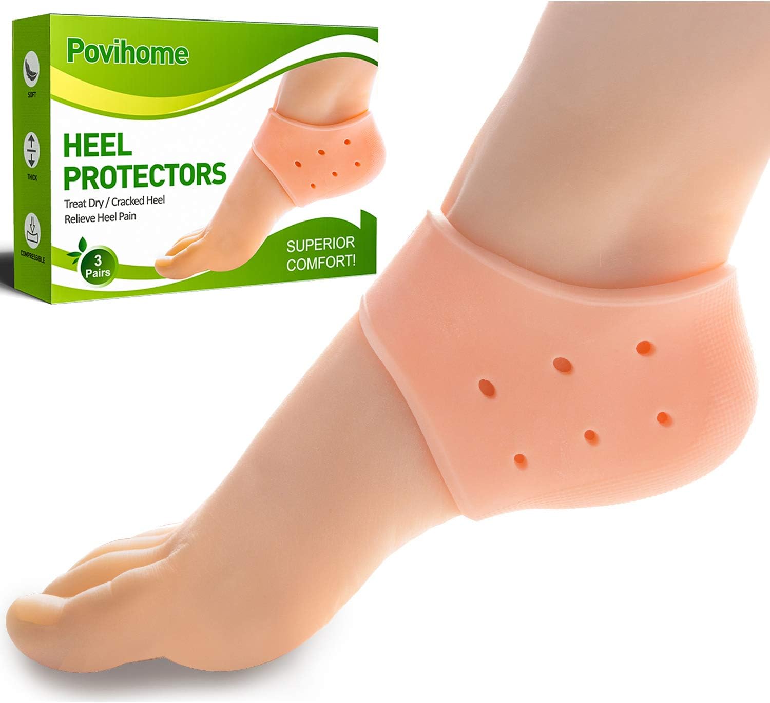 Heel Cushions Protectors, Plantar Fasciitis Inserts (1/5'' Thick), Silicone Heel Pads for Cracked, Dry, Achilles Heels, Heel Pain Relief - 3 Pairs