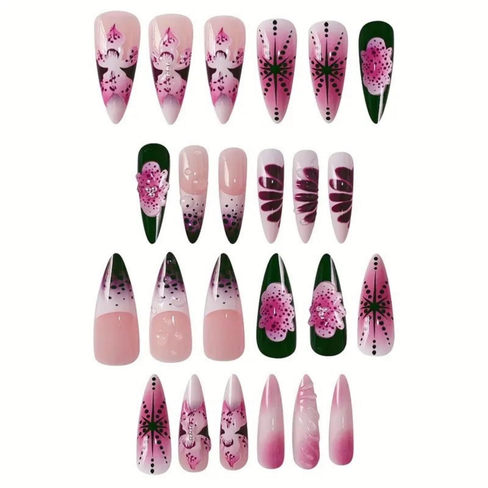 Long Press on Nails Stiletto Fake Nails French False Nails Brown Artificial Nails with Pink Flowers Designs Leopard Handmade Nails 3D Floral Stick on Nails for Women 24pcs: B01-18