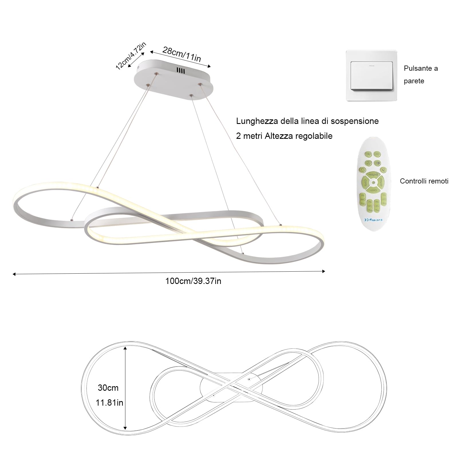 AHRHSM Lampadario Led Sospensione, Lampadario Moderno, 57W, Lampadario Sala da Pranzo, Dimmerabili, Regolabile in Altezza, per Sala Da Pranzo,Cucina (Bianco)