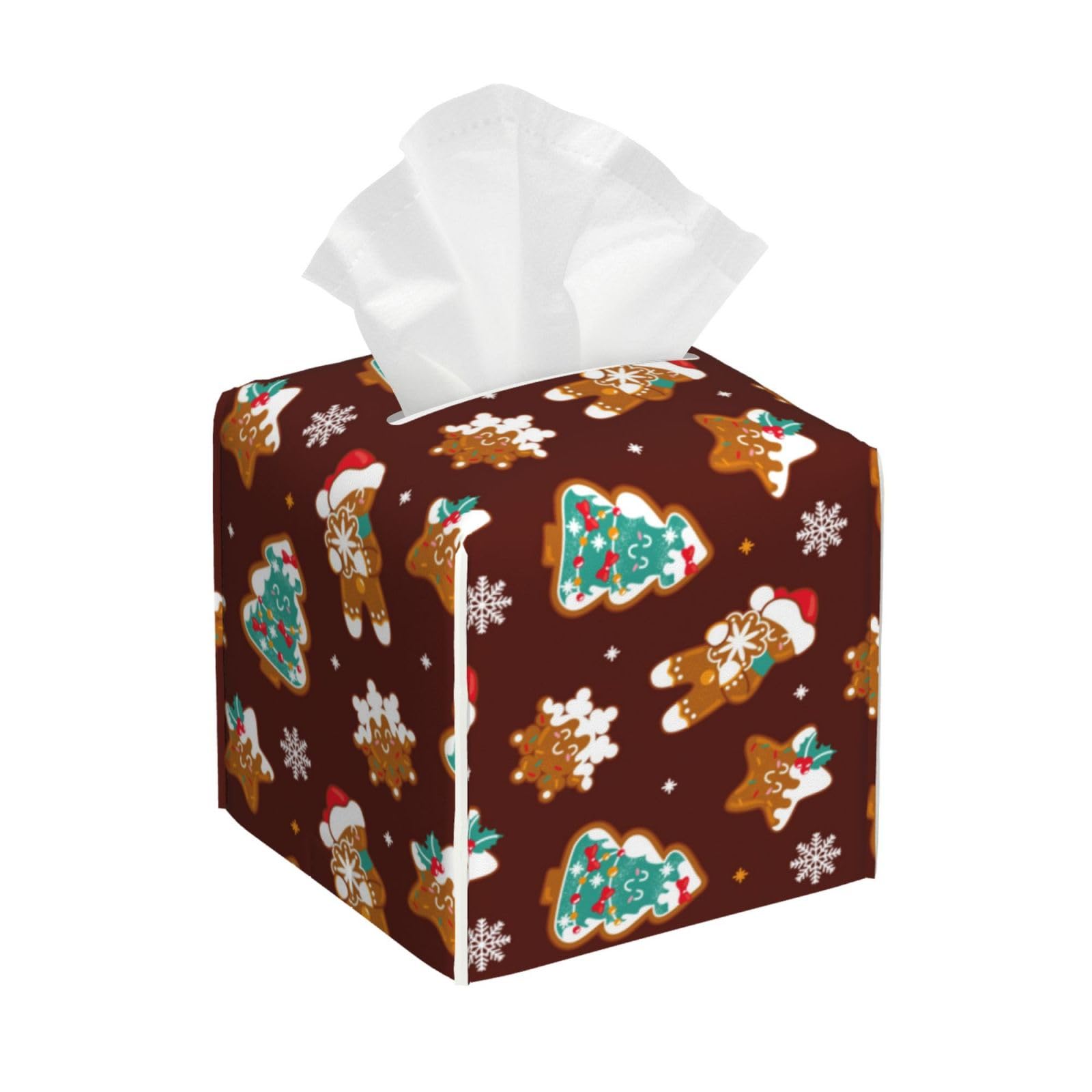 KLL Christmas Gingerbread Print Tissue Box Cover,Leather Tissue Holder Square Facial Tissue Case Facial Paper Organizer Dispenser Bathroom Vanity Cou