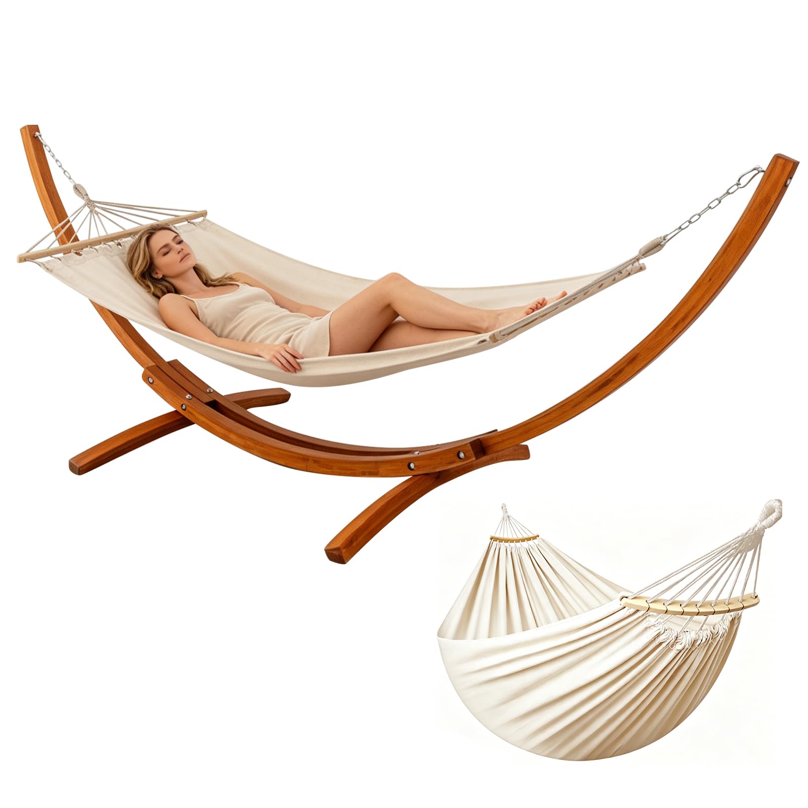 Hamac avec Support en Bois, Ensemble Double Hamac, 200 kg de Charge, 320×120×120 cm, Hauteur Ajustable, pour Jardin, Terrasse & Balcon 27kg