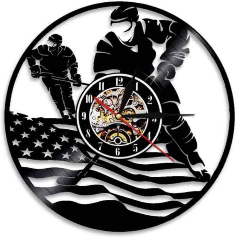 Patriotic USA Flag Hockey Wall Clock American Hockeyist Vinyl Record Wall Clock Ice Hockey Sports Contemporary Home Decor Clock No led