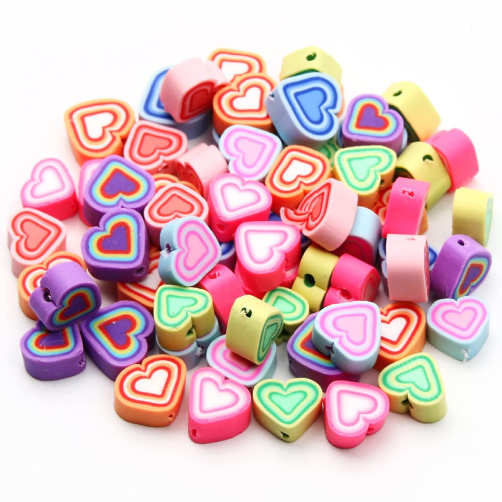 Ipotkitt 100Pcs Handmade Colourful Heart Polymer Clay Beads for DIY Crafts Finding Necklace Jewellery Making Accessories