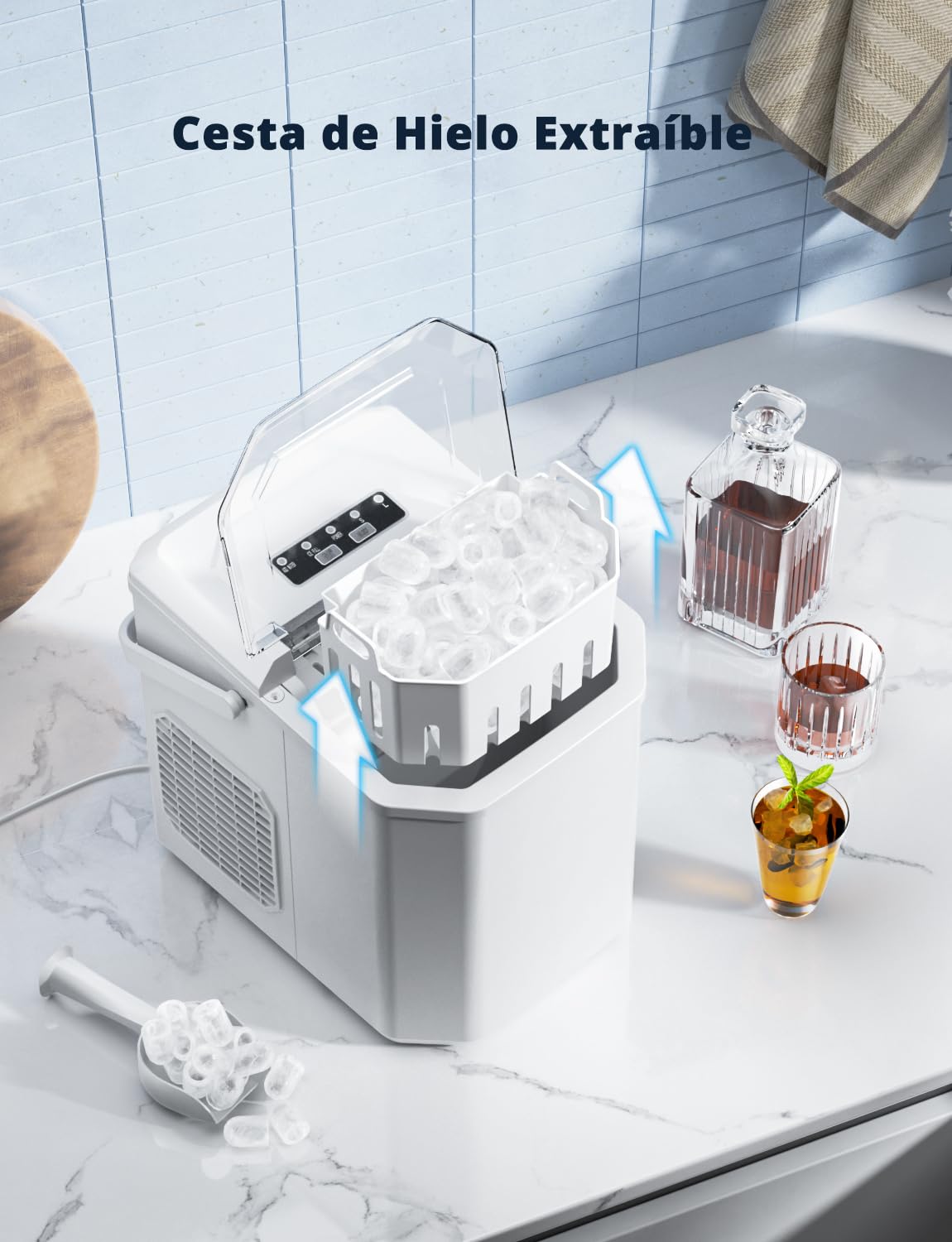 Máquinas para Hacer Hielo, Maquina de Hielo Portátil y Autolimpiante con Mango, Equipado con Hielo Pala de Puede Colocar Boca Abajo, 9 Cubitos Hielo Tipo Balas/6-10 Minutos, 12Kg/24h