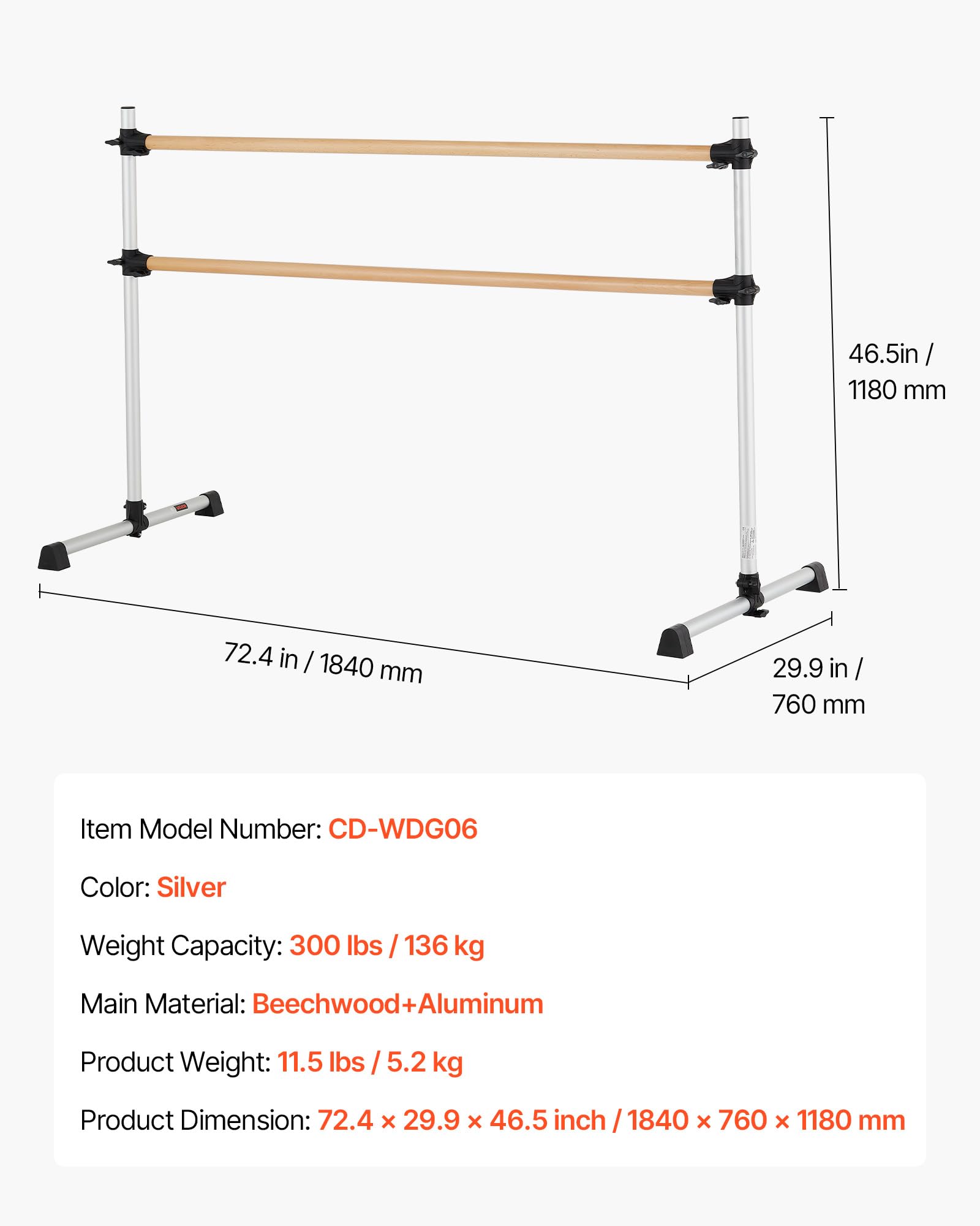 VEVOR Barra de Baile Doble Altura Ajustable 170-1165 mm Madera para Ballet Ejercicios 1840 x 760 x 1180 mm Plata