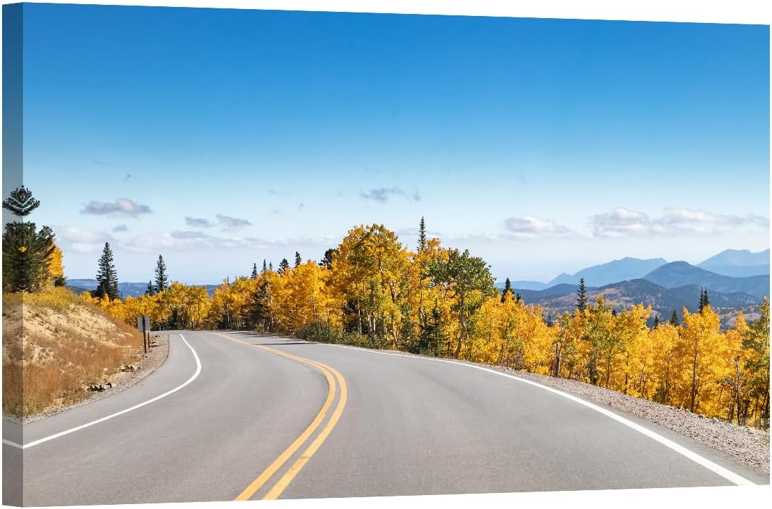 Golden Fall Aspen Forest Wall Art 1 Piece Winding Highway Wall Art for Living Room Colorado Mountain Landscape Wall Decor Artwork Bathroom Wall Decor Wooden Frame Stretched Ready to Hang 24X36 INCH