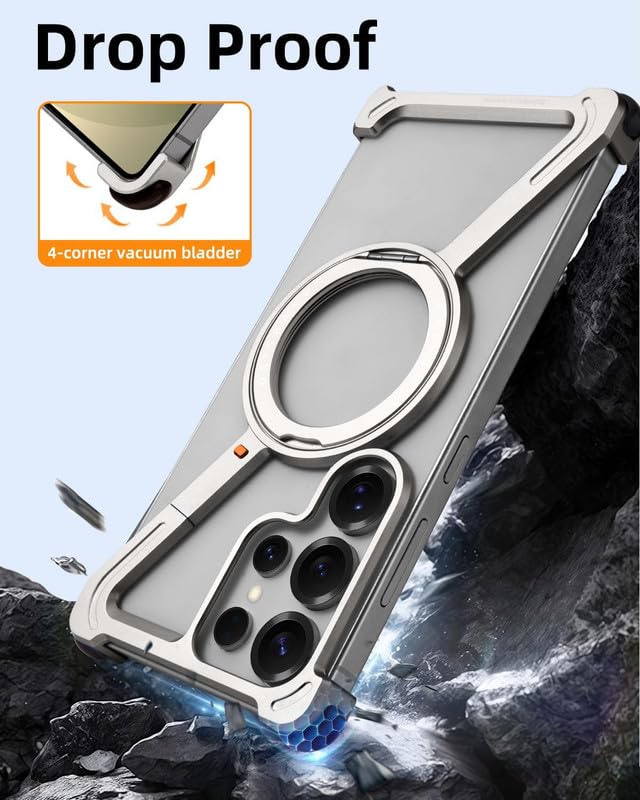 Image of Z Shaped Metal Frameless 360 Rotatable Ring Metal Bumper Case with Kickstand for Samsung Galaxy S25 Ultra Case Compatible with Wireless Charging | Luxury Aluminum Armor (Silver)