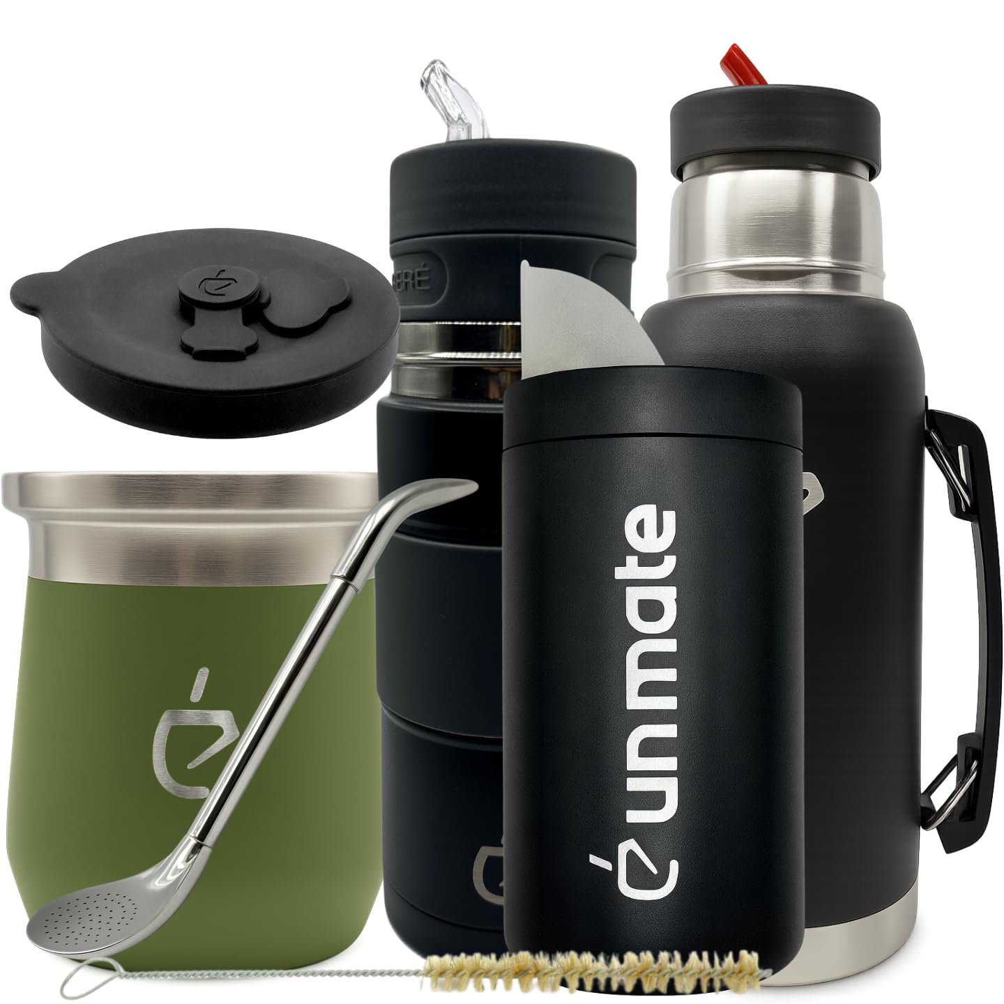 Zestaw Yerba Mate 7w1 Un Mate® Travel Termolid DualFlow PRO Forest Green – termos 1000 ml, yerbomos 500 ml, matero 230 ml, bombilla, yerbera, czyścik, zestaw prezentowy (Green)