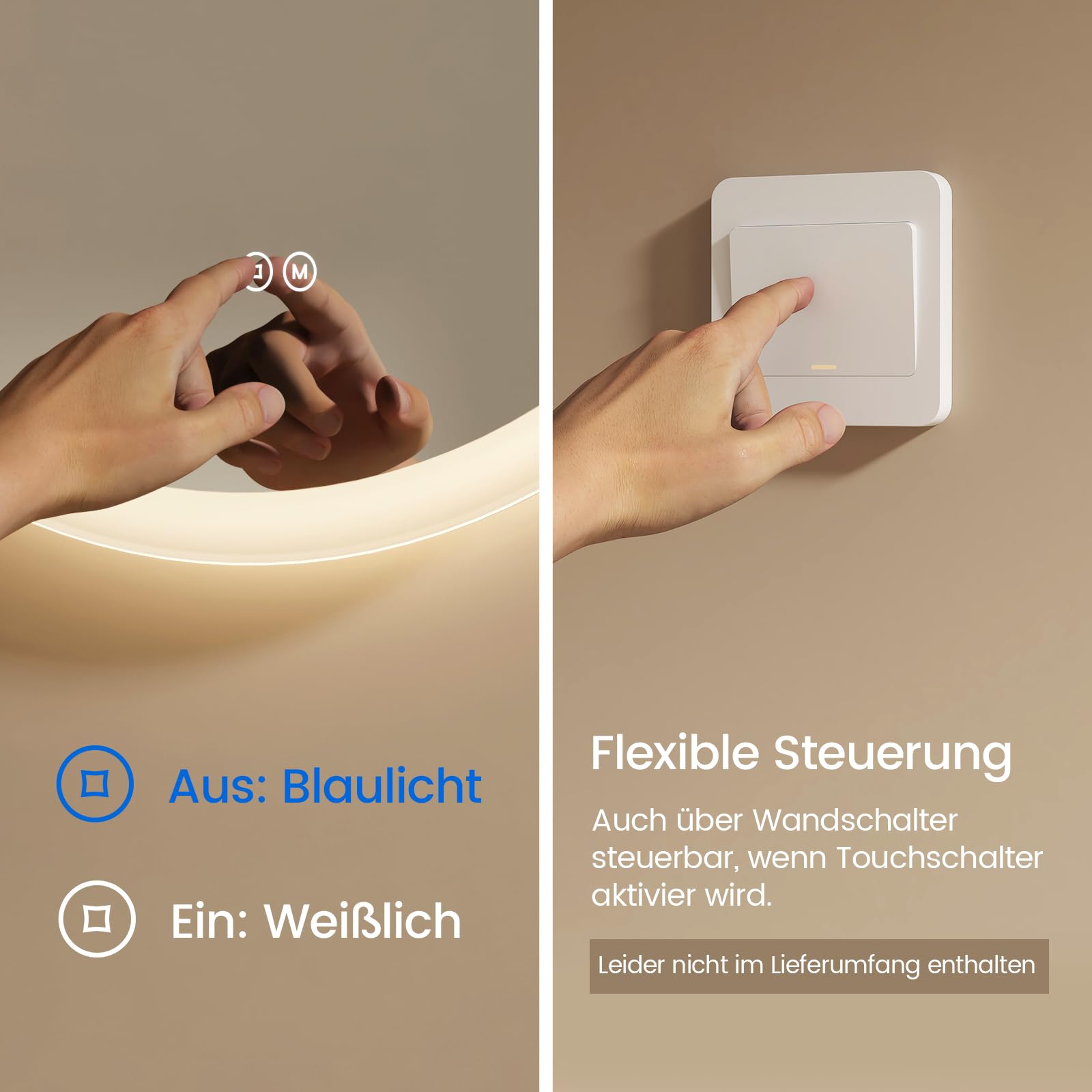 EMKE Badspiegel mit Beleuchtung Rund 50cm, Badezimmerspiegel mit dimmbarer Beleuchtung, 3 Lichtfarben, Antibeschlag, Touch-Schalter und Speicherfunktion, ideal für das Badezimmer